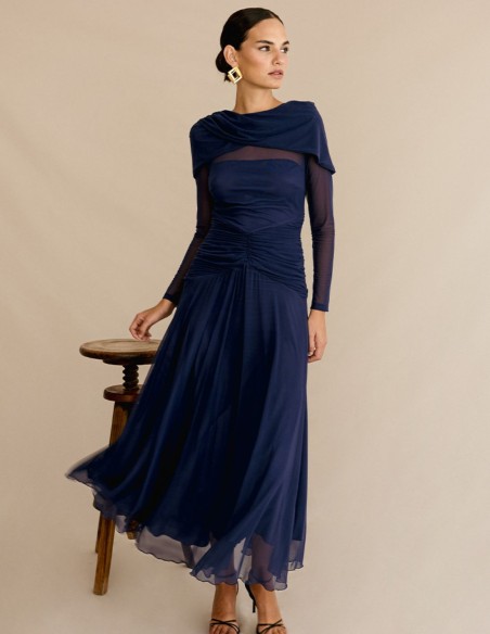 Vestido de fiesta midi en punto drapeado con falda vaporosa Vestido de fiesta midi en punto drapeado con falda vaporosa