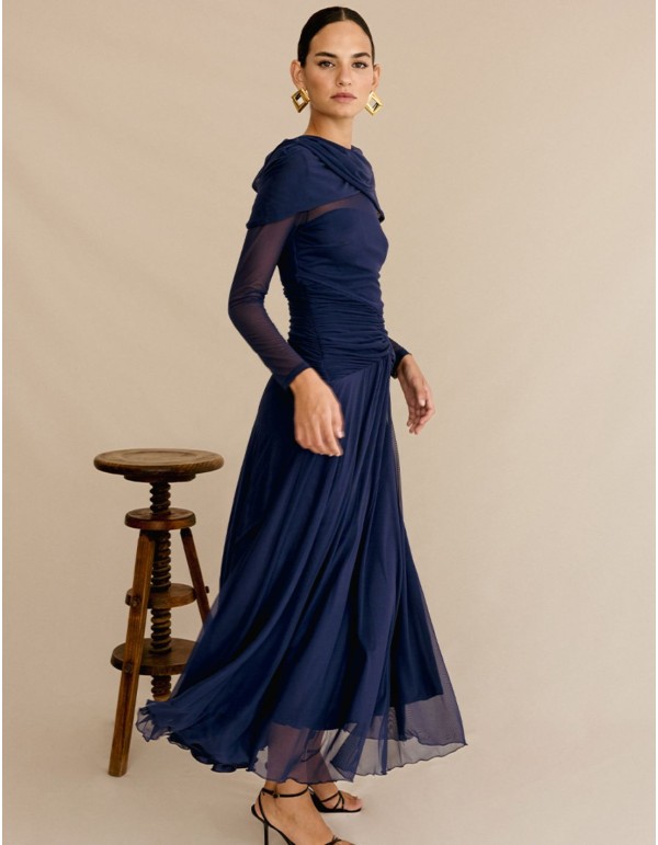 Vestido de fiesta midi en punto drapeado con falda vaporosa 2