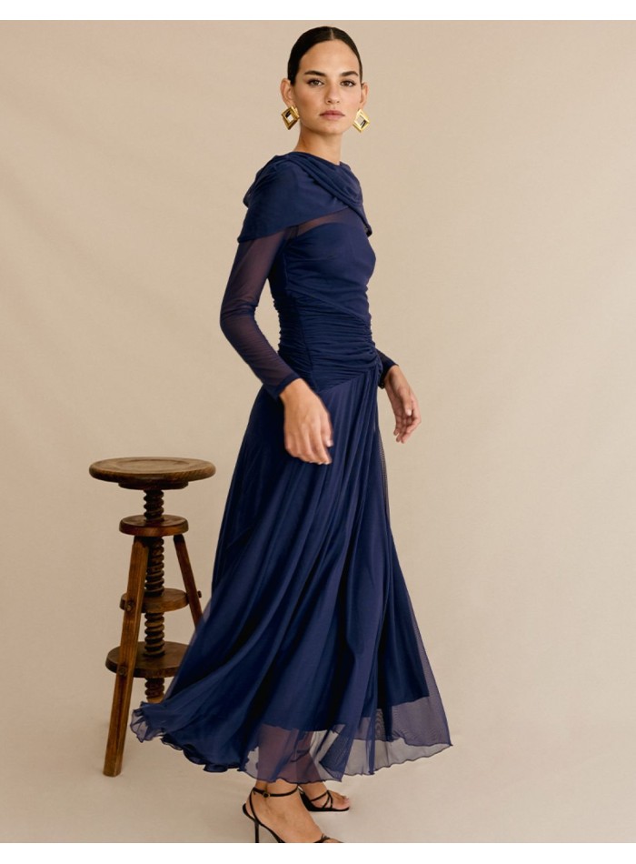 Vestido de fiesta midi en punto drapeado con falda vaporosa azul marino