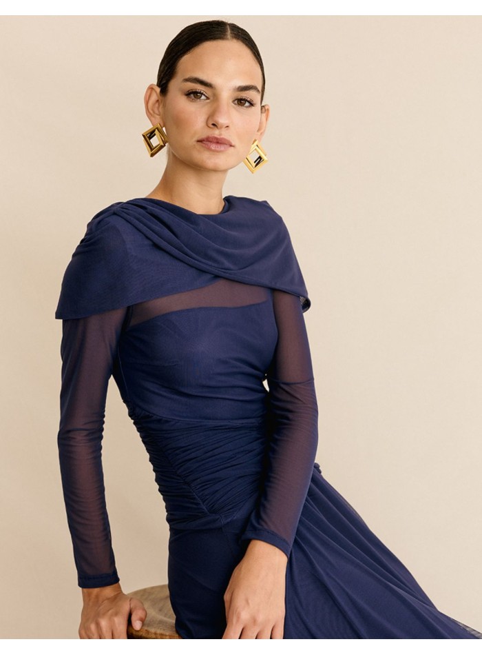 Vestido de fiesta midi en punto drapeado con falda vaporosa invitada de otoño