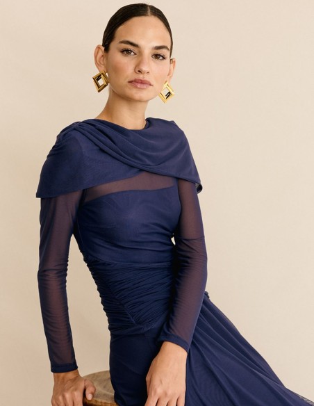 Vestido de fiesta midi en punto drapeado con falda vaporosa invitada de otoño Vestido de fiesta midi en punto drapeado con falda vaporosa invitada de otoño