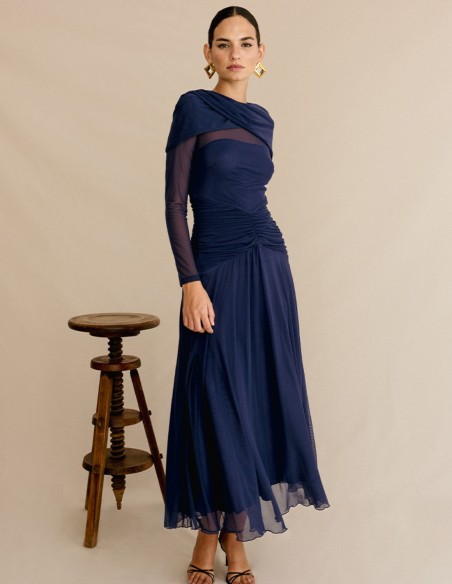 Vestido de fiesta midi en punto drapeado con falda vaporosa para ocasiones especiales Vestido de fiesta midi en punto drapeado con falda vaporosa para ocasiones especiales