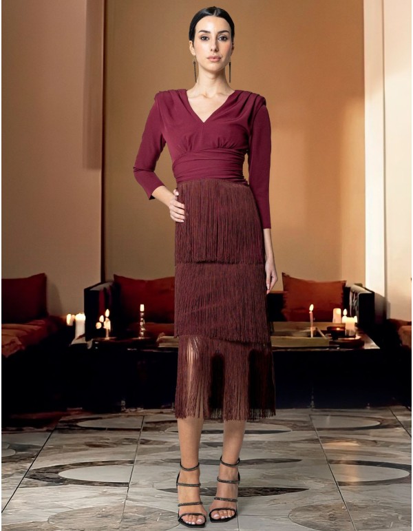 Cocktail dress with V-neckline and fringed skirt
