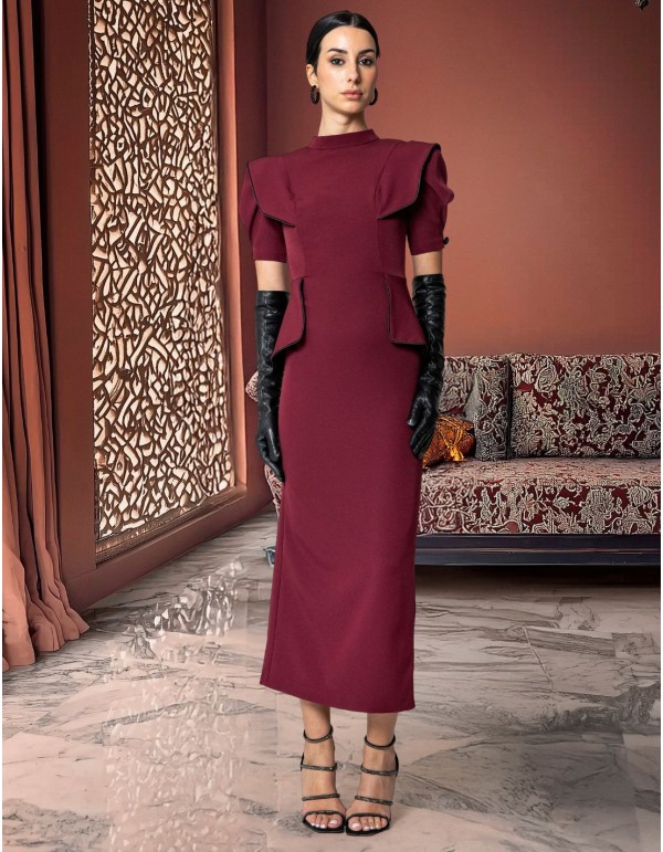 Vestido midi de fiesta con cuello perkins y manga abullonada para invitada de boda