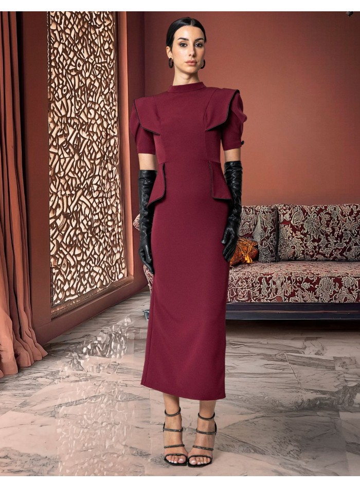 Midi party dress with perkins collar and puffed sleeves