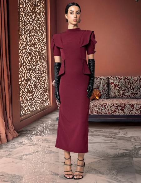 Vestido midi de fiesta con cuello perkins y manga abullonada para invitada de boda Vestido midi de fiesta con cuello perkins y manga abullonada para invitada de boda