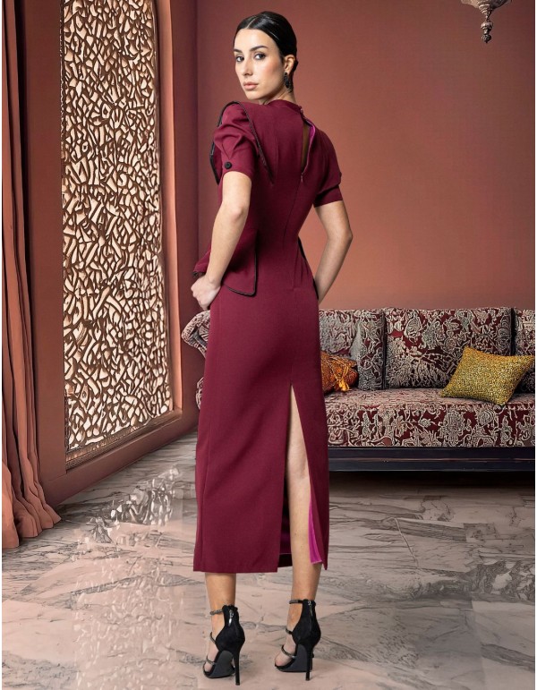 Vestido midi de fiesta con cuello perkins y manga abullonada para invitada de boda 2