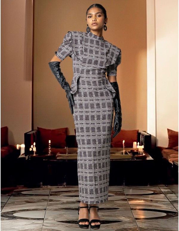 Midi party dress with perkins collar and short puffed...