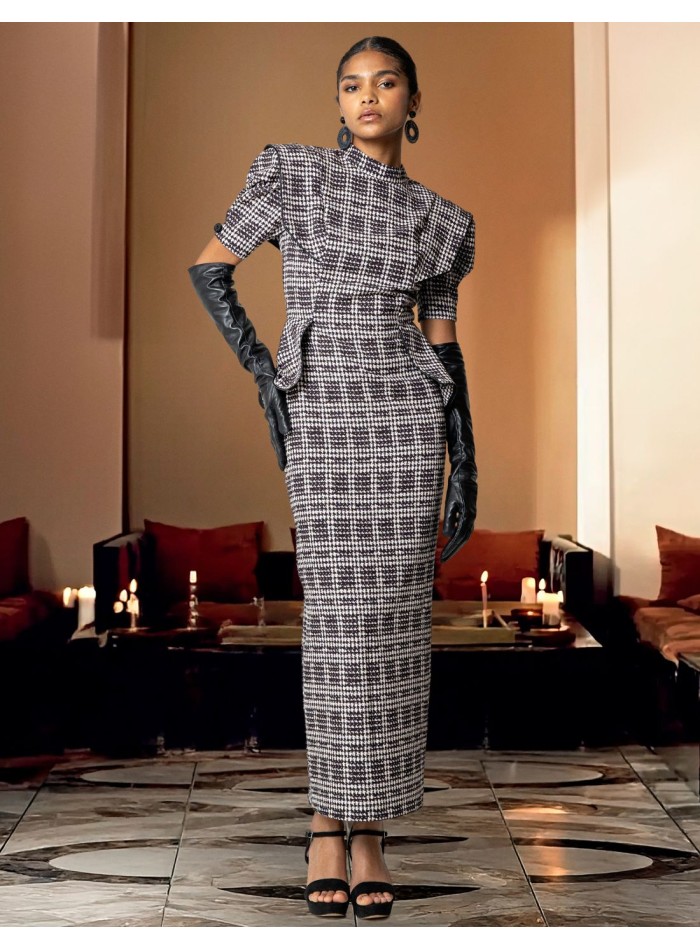 Midi party dress with perkins collar and short puffed sleeves