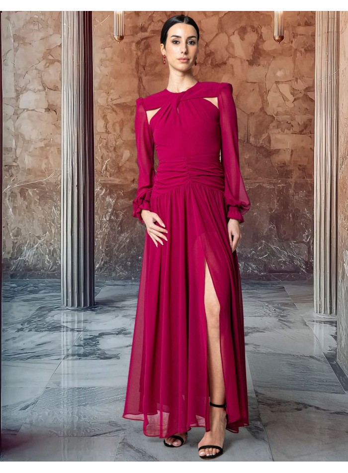 Long chiffon dress with puffed sleeves and side cut-outs