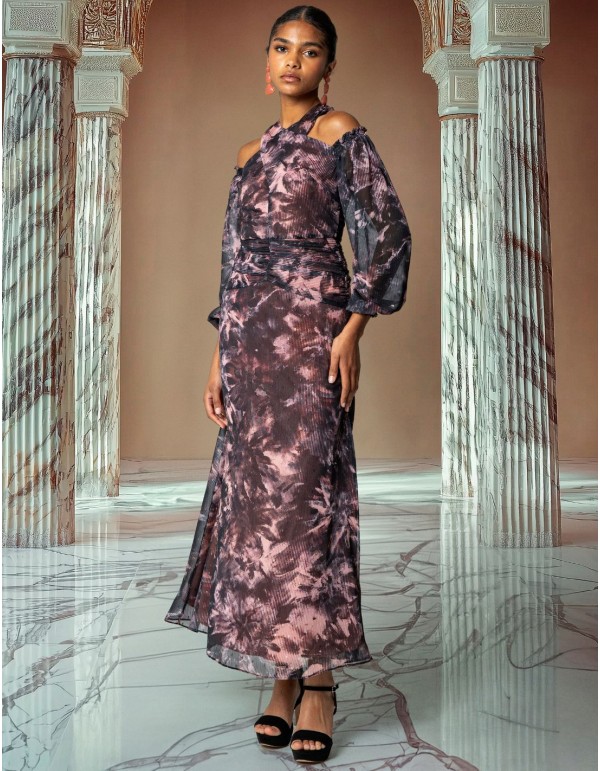 Robe midi en mousseline de soie florale avec encolure dos...