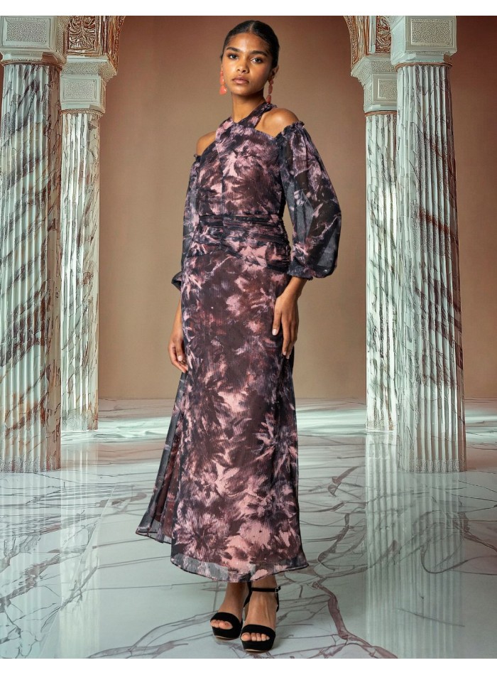 Robe midi en mousseline de soie florale avec encolure dos nu et épaules dénudées
