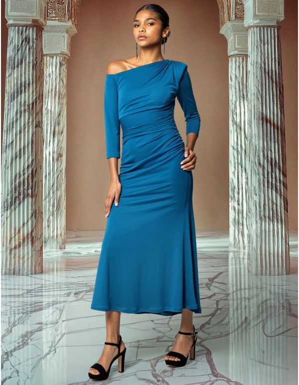 Knitted midi dress with asymmetric neckline and floaty skirt