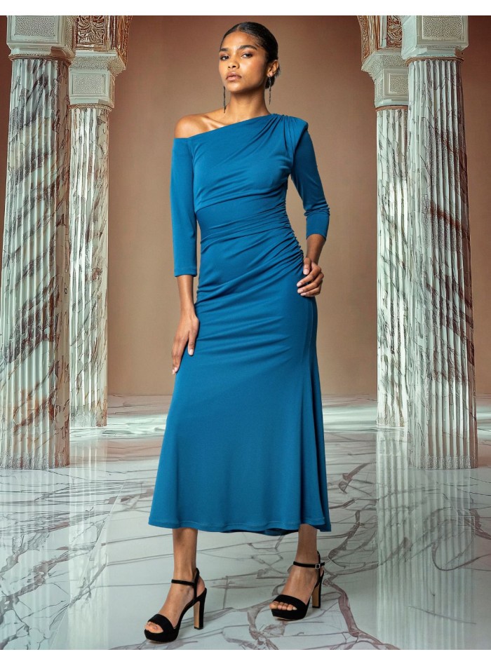 Knitted midi dress with asymmetric neckline and floaty skirt