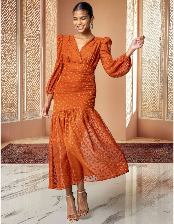 Chiffon midi dress with crossover neckline and puffed...