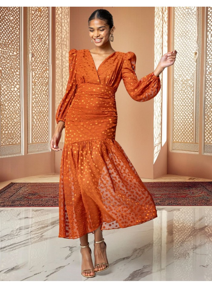 Chiffon midi dress with crossover neckline and puffed sleeves