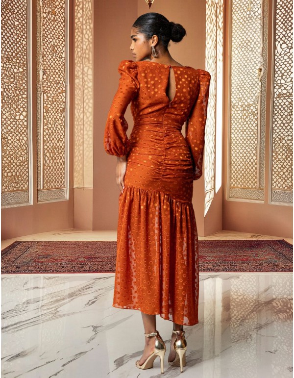 Chiffon midi dress with crossover neckline and puffed... 2