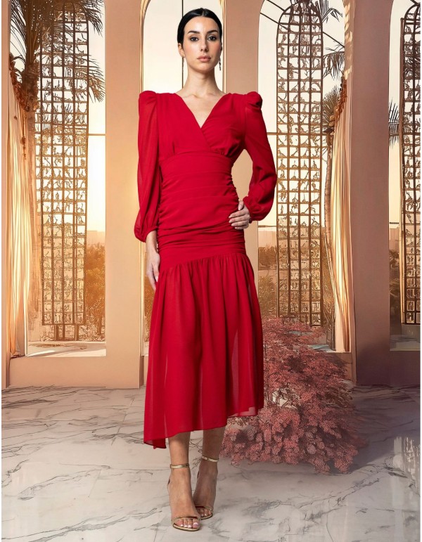 Draped chiffon midi dress with crossover neckline and...