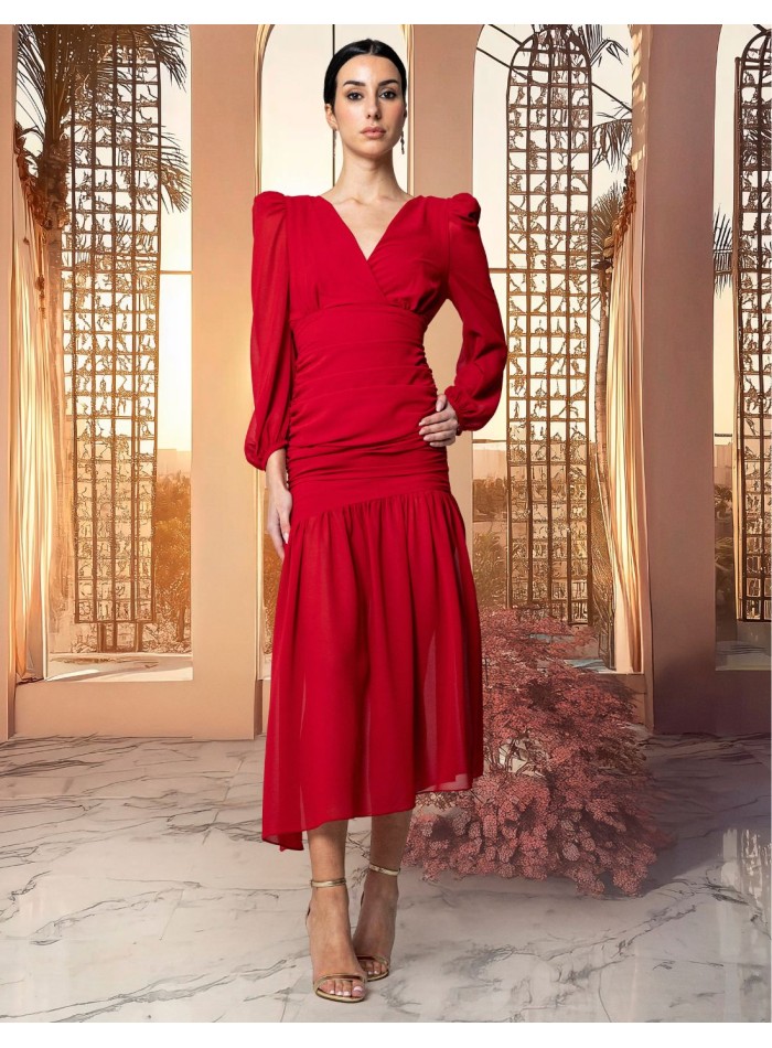 Draped chiffon midi dress with crossover neckline and puffed sleeves