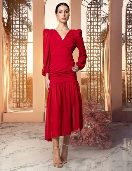 Vestido midi de gasa drapeado con escote cruzado y manga abullonada Vestido midi de gasa drapeado con escote cruzado y manga abullonada