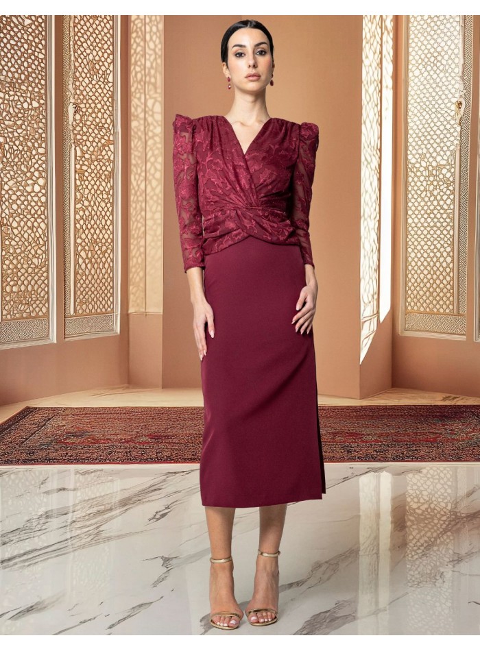 Printed chiffon cocktail dress with crossover neckline and puffed sleeves