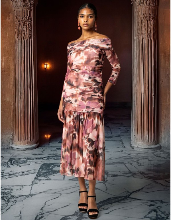 Floral print tulle midi dress with bardot neckline and...