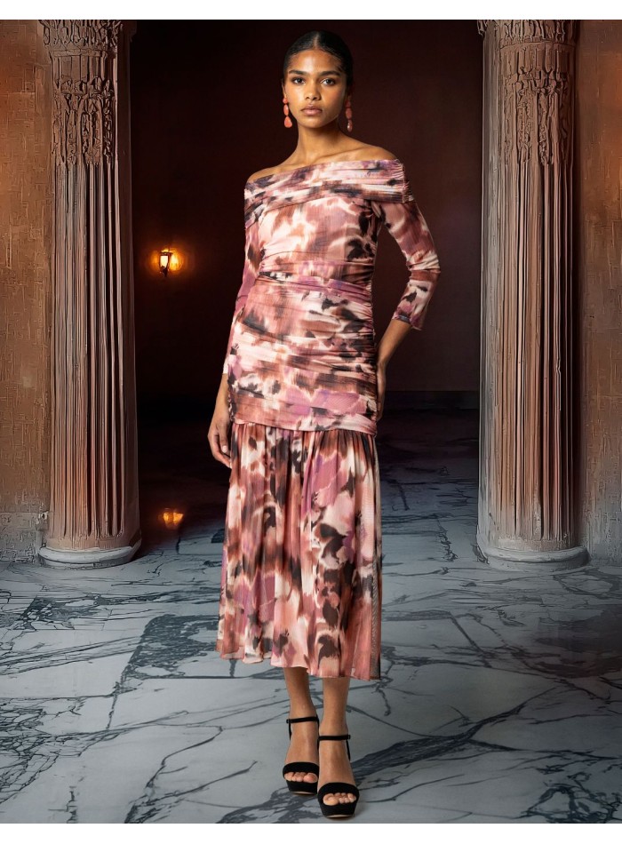 Floral print tulle midi dress with bardot neckline and flounce