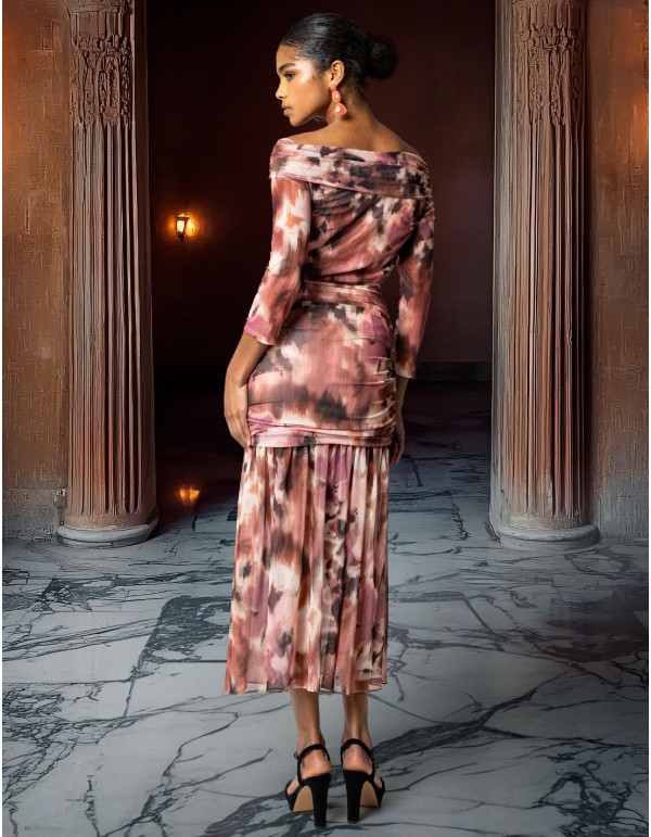 Floral print tulle midi dress with bardot neckline and... 2