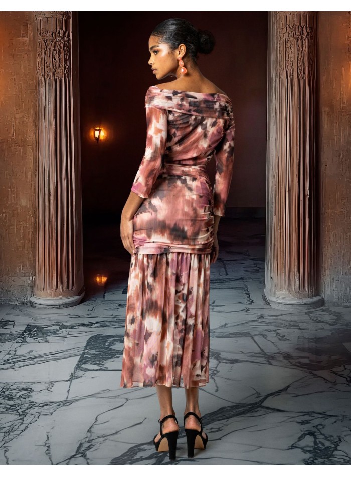 Floral print tulle midi dress with bardot...