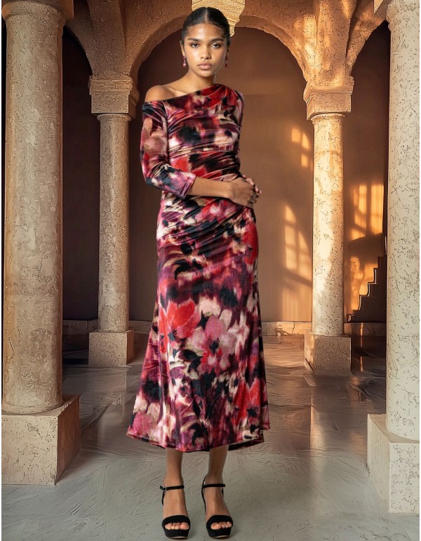 Vestido midi de terciopelo estampado floral con escote asimétrico
