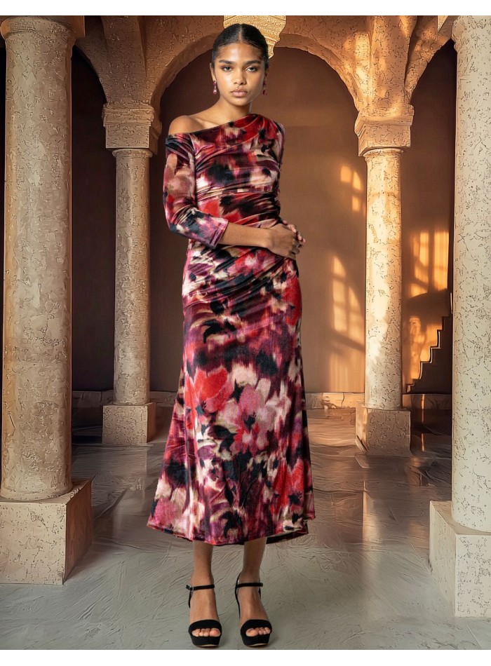 Vestido midi de terciopelo estampado floral con escote asimétrico