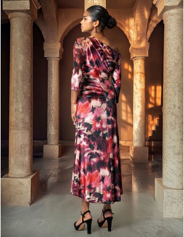 Vestido midi de terciopelo estampado floral con escote asimétrico 2