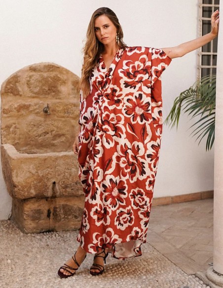 Caftan imprimé fleurs avec décolleté en V