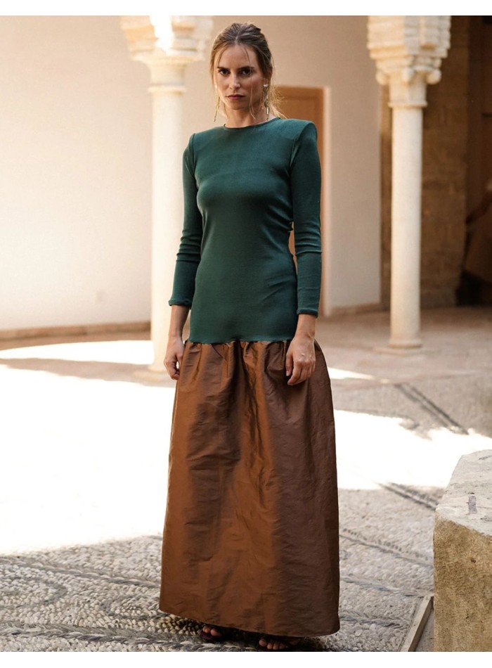 Robe d'invité longue en tricot vert bouteille et taffetas marron