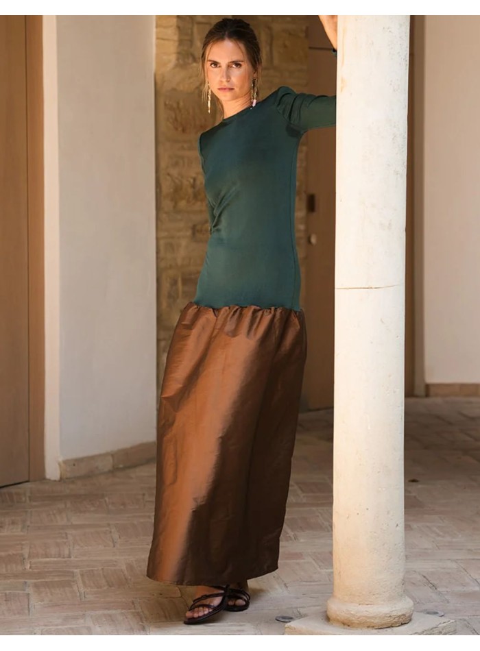 Bottle green knit and brown taffeta long guest...