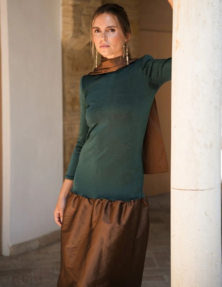 Bottle green knit and brown taffeta long guest dress