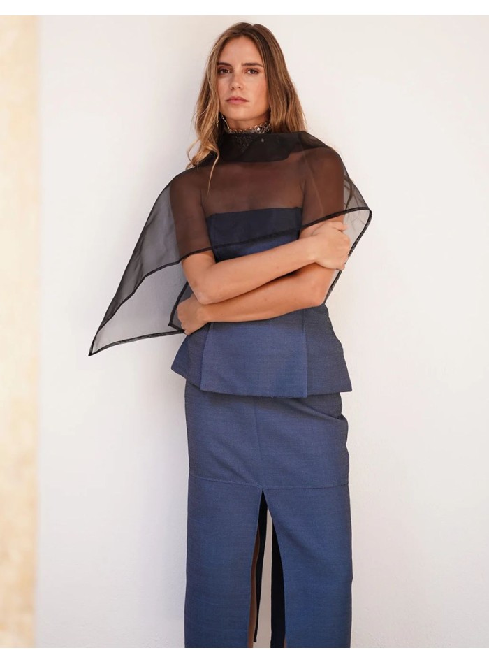 Blue midi skirt with front slit