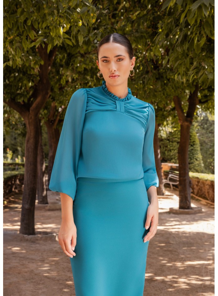 Event ensemble with chiffon blouse and midi skirt