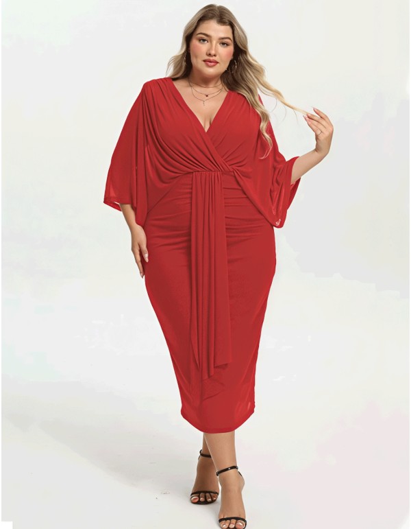 Plus size midi party dress in red color