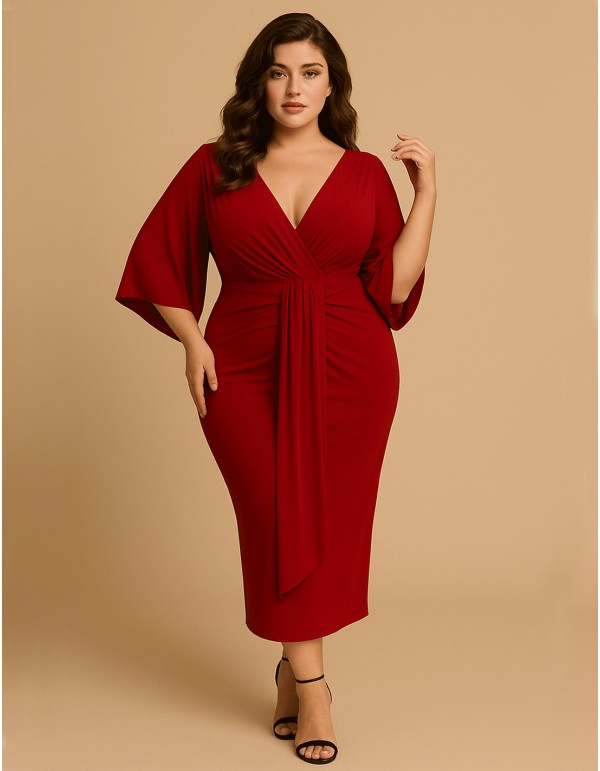 Plus size midi party dress in red color 2