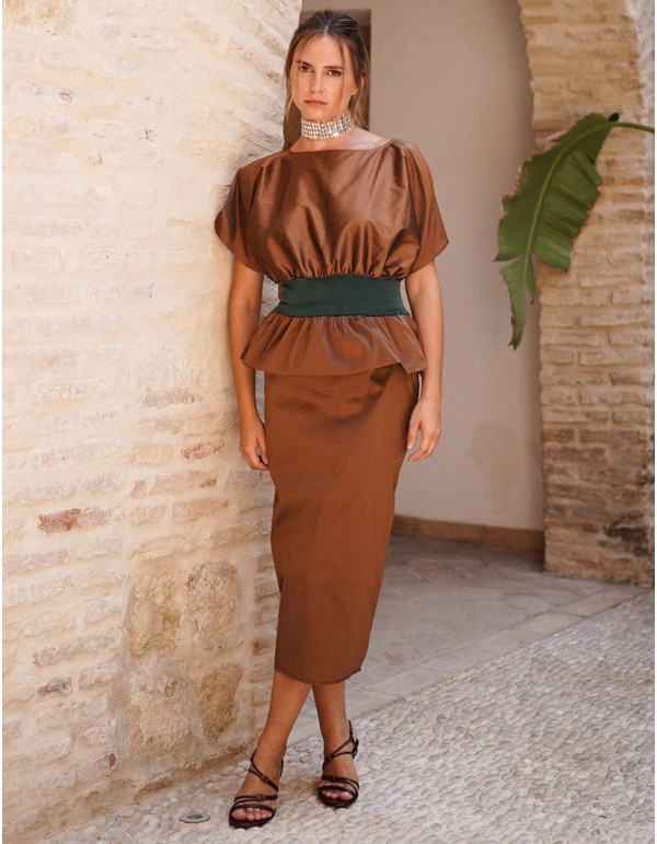 Brown taffeta straight midi skirt