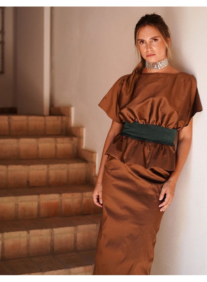 Brown taffeta straight midi skirt