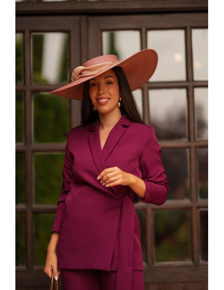 Set of crossover jacket with bow and straight pants with sash