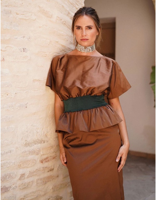 Brown taffeta top with green knit waistband