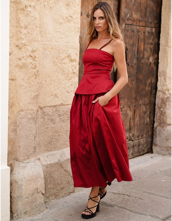 Flared midi skirt in dark red taffeta