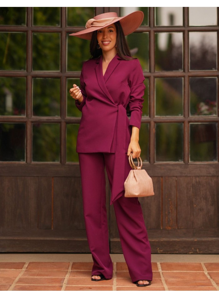 Set of crossover jacket with bow and straight pants with sash