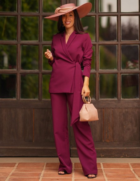 Set of crossover jacket with bow and straight pants with sash