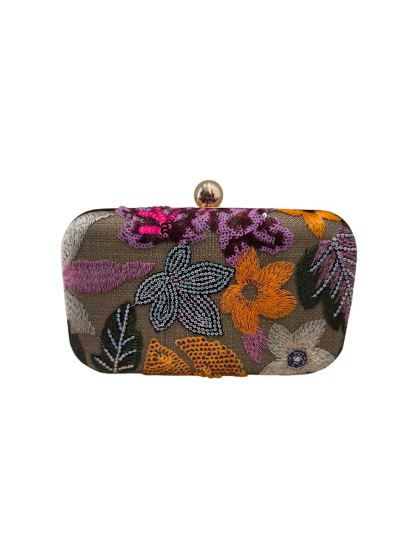 Party bag with multicolored embroidered fabric