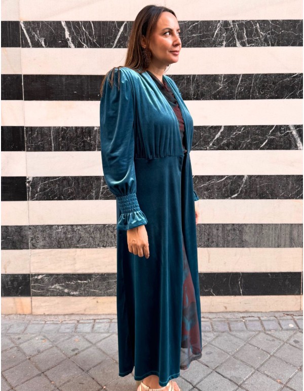 Petrol blue velvet long kimono 2