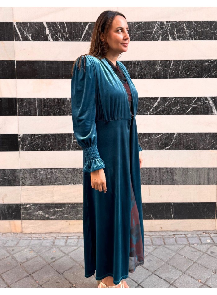 Kimono largo de terciopelo azul petróleo